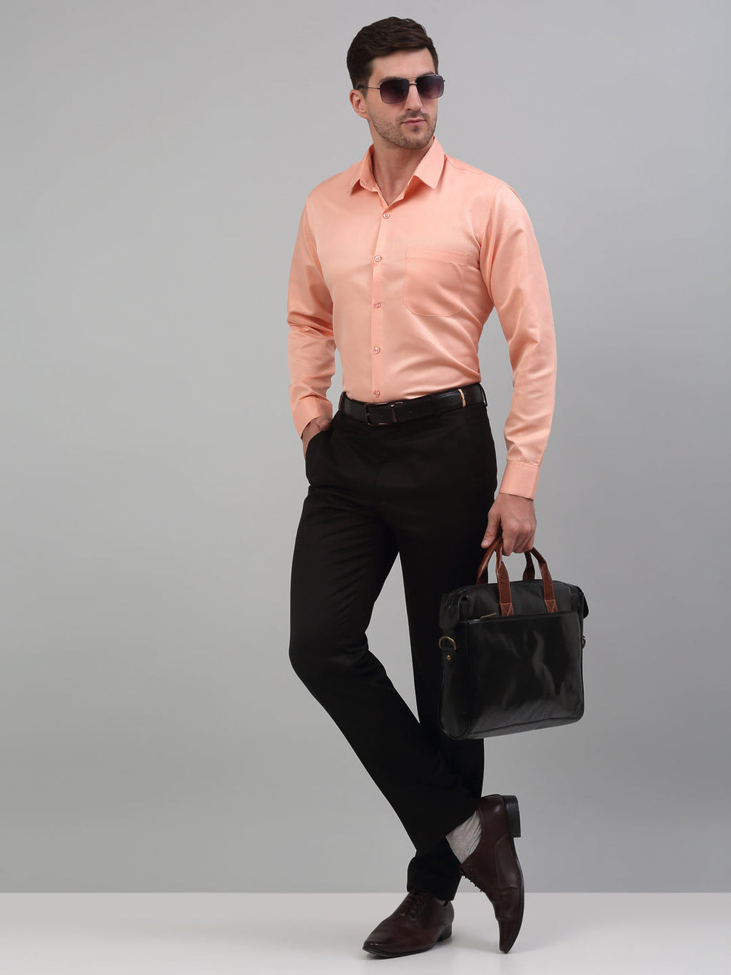 Jainish Men's Orange Dobby Textured Formal Shirt | Grocsy