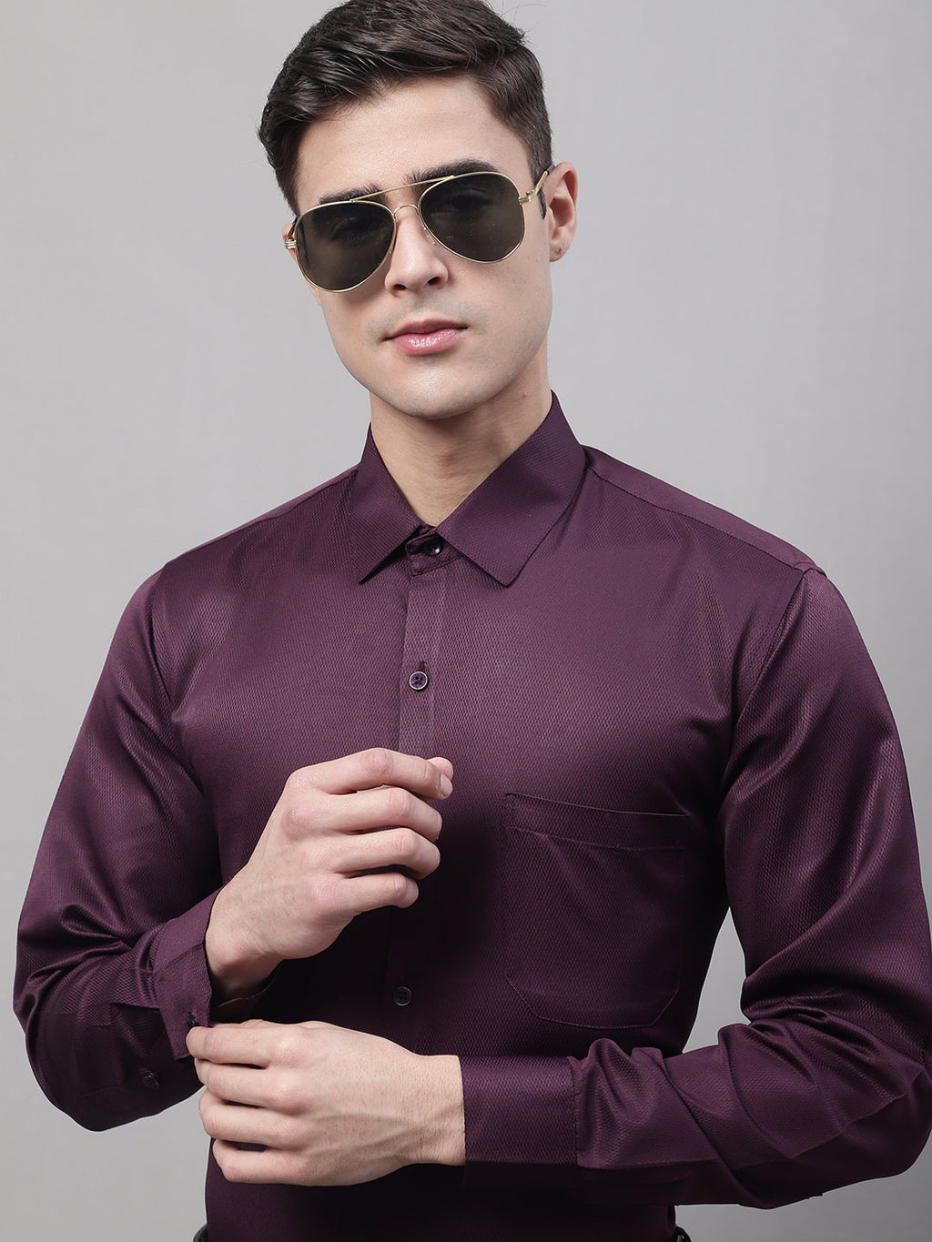 Jainish Men's Purple-Wine Dobby Textured Formal Shirt | Grocsy