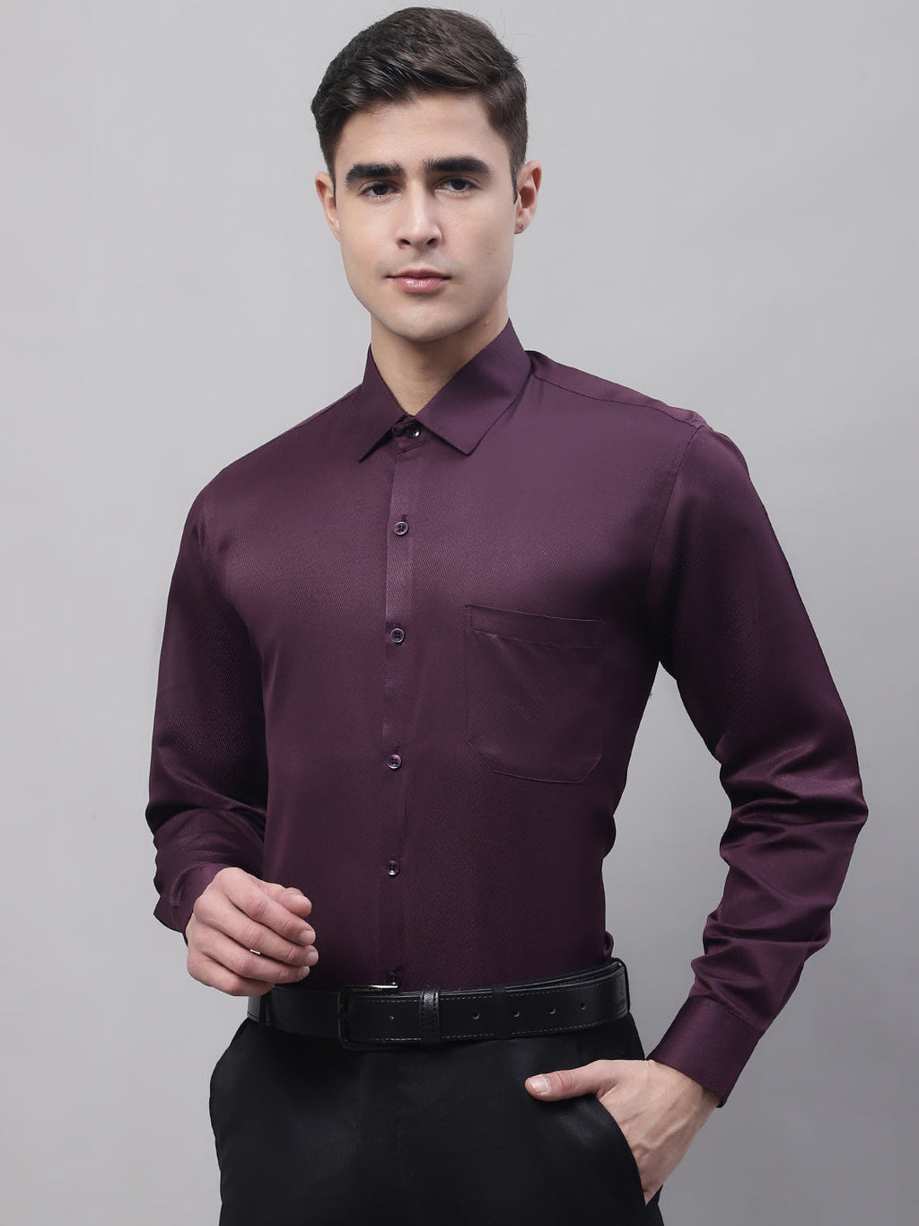 Jainish Men's Purple-Wine Dobby Textured Formal Shirt | Grocsy
