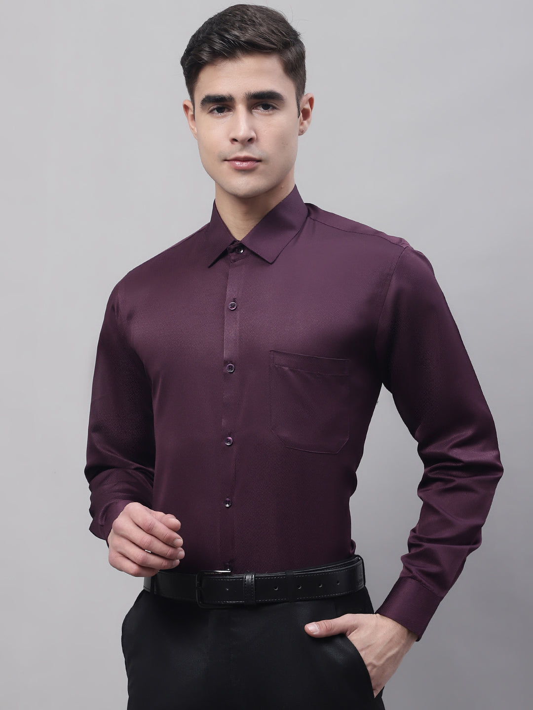 Jainish Men's Purple-Wine Dobby Textured Formal Shirt | Grocsy