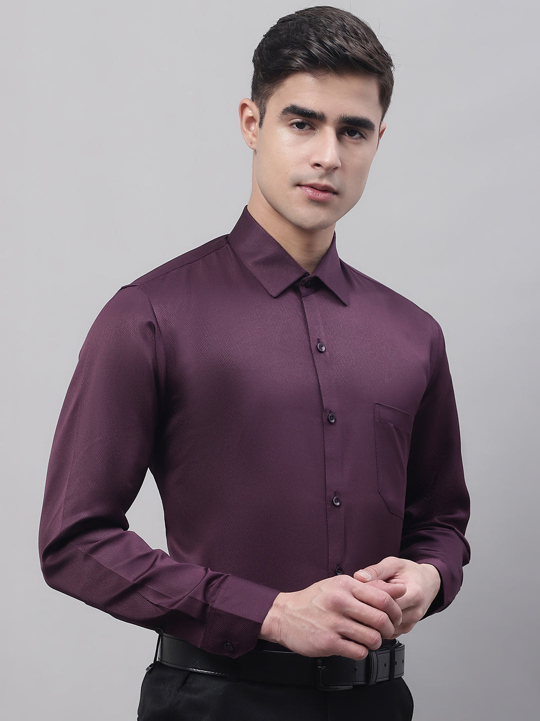 Jainish Men's Purple-Wine Dobby Textured Formal Shirt | Grocsy