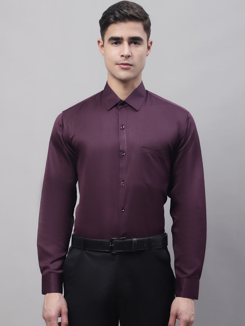 Jainish Men's Purple-Wine Dobby Textured Formal Shirt | Grocsy