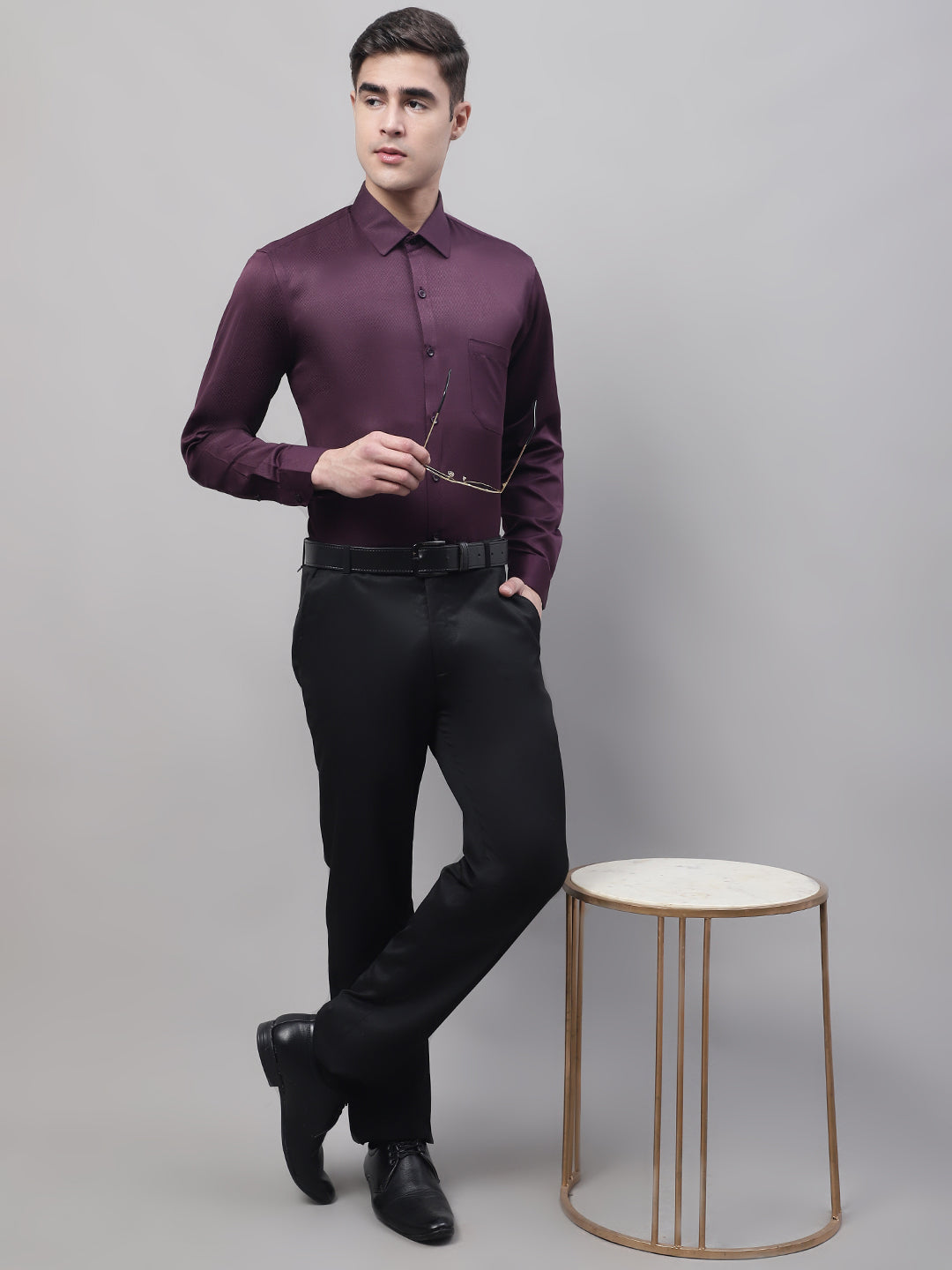 Jainish Men's Purple-Wine Dobby Textured Formal Shirt | Grocsy