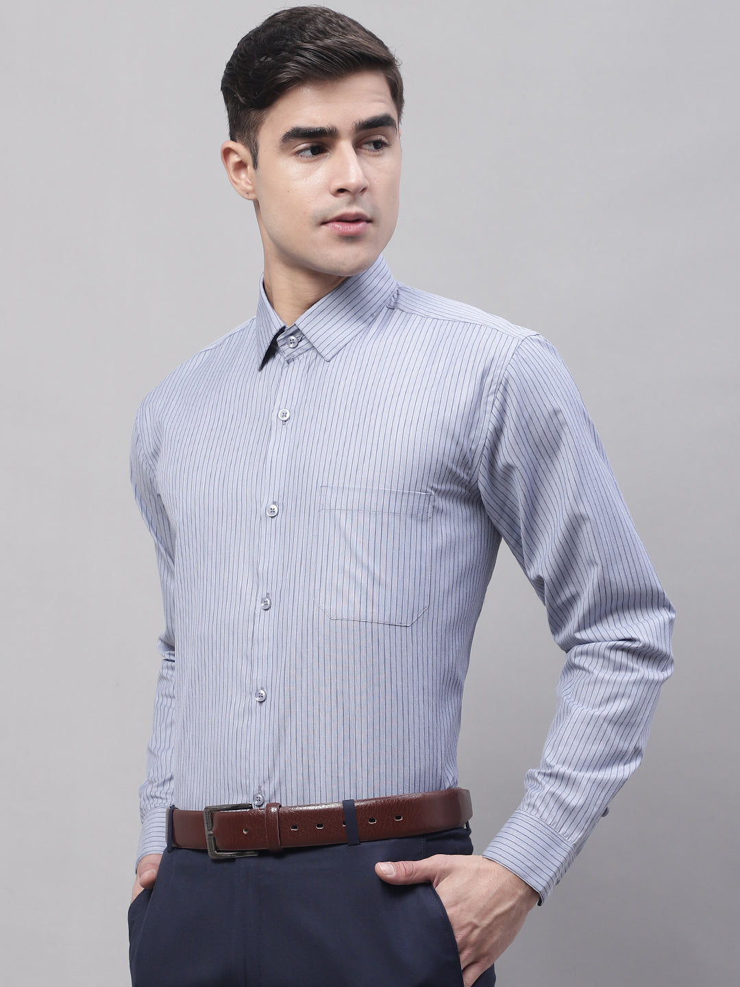 Jainish Men's Grey Vertical Striped Formal Shirt | Grocsy