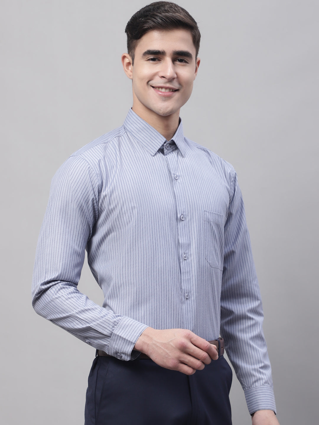 Jainish Men's Grey Vertical Striped Formal Shirt | Grocsy
