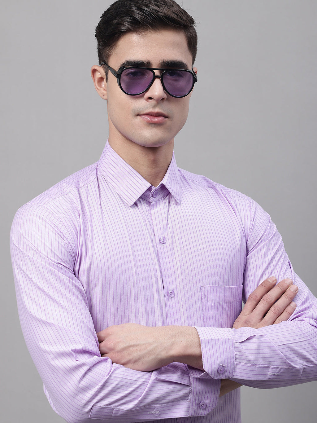 Jainish Men's Purple Vertical Striped Formal Shirt | Grocsy