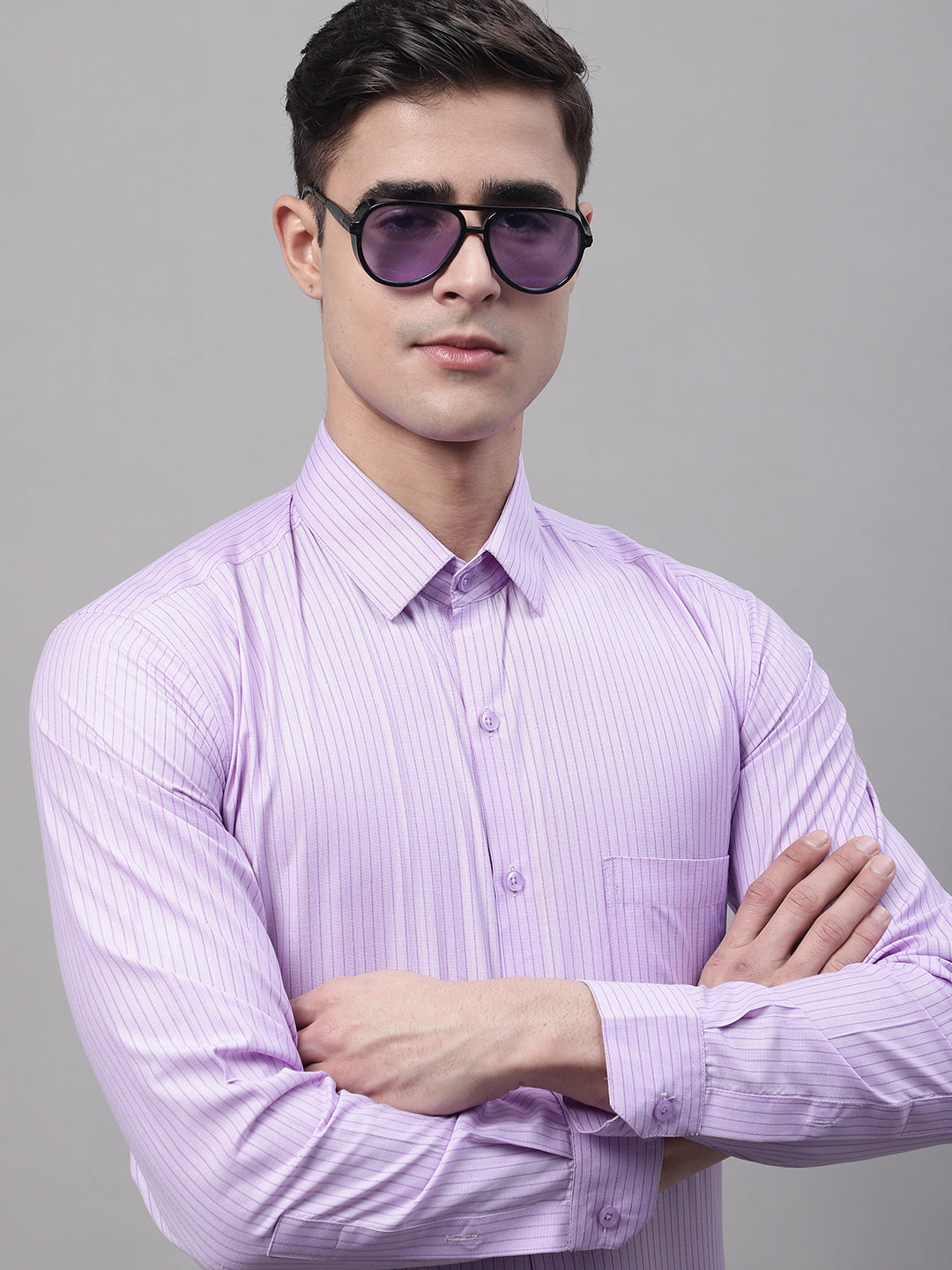 Jainish Men's Purple Vertical Striped Formal Shirt | Grocsy