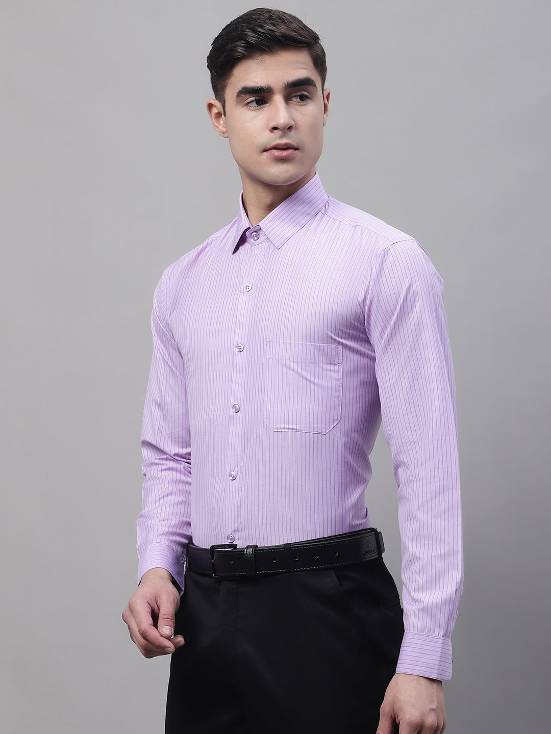 Jainish Men's Purple Vertical Striped Formal Shirt | Grocsy