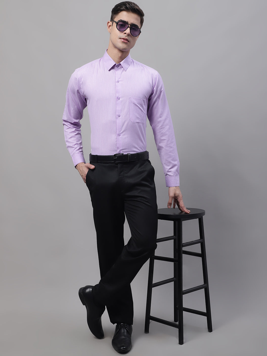 Jainish Men's Purple Vertical Striped Formal Shirt | Grocsy