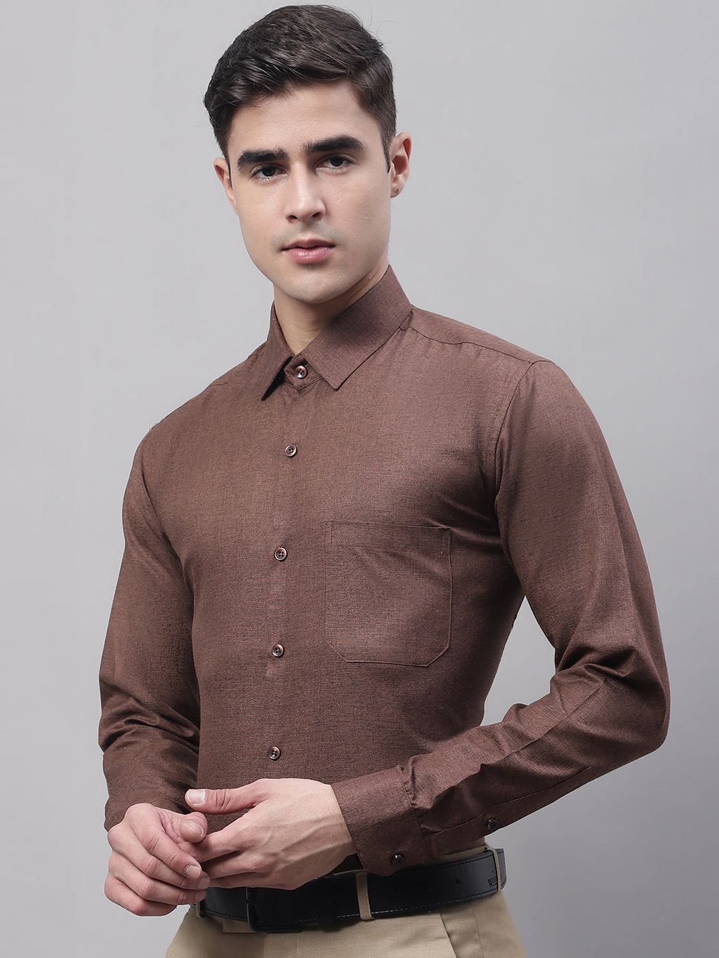 Jainish Men's Coffee Brown Cotton Solid Formal Shirt | Grocsy