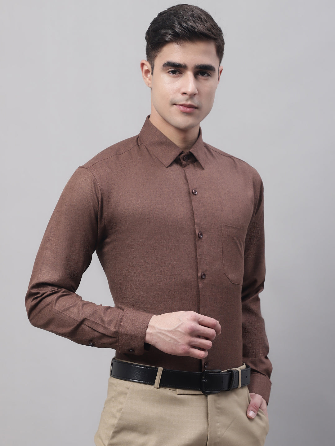 Jainish Men's Coffee Brown Cotton Solid Formal Shirt | Grocsy