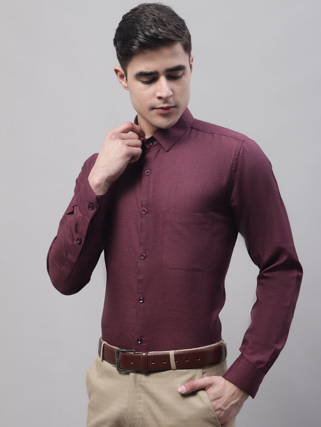 Jainish Men's Maroon Cotton Solid Formal Shirt | Grocsy
