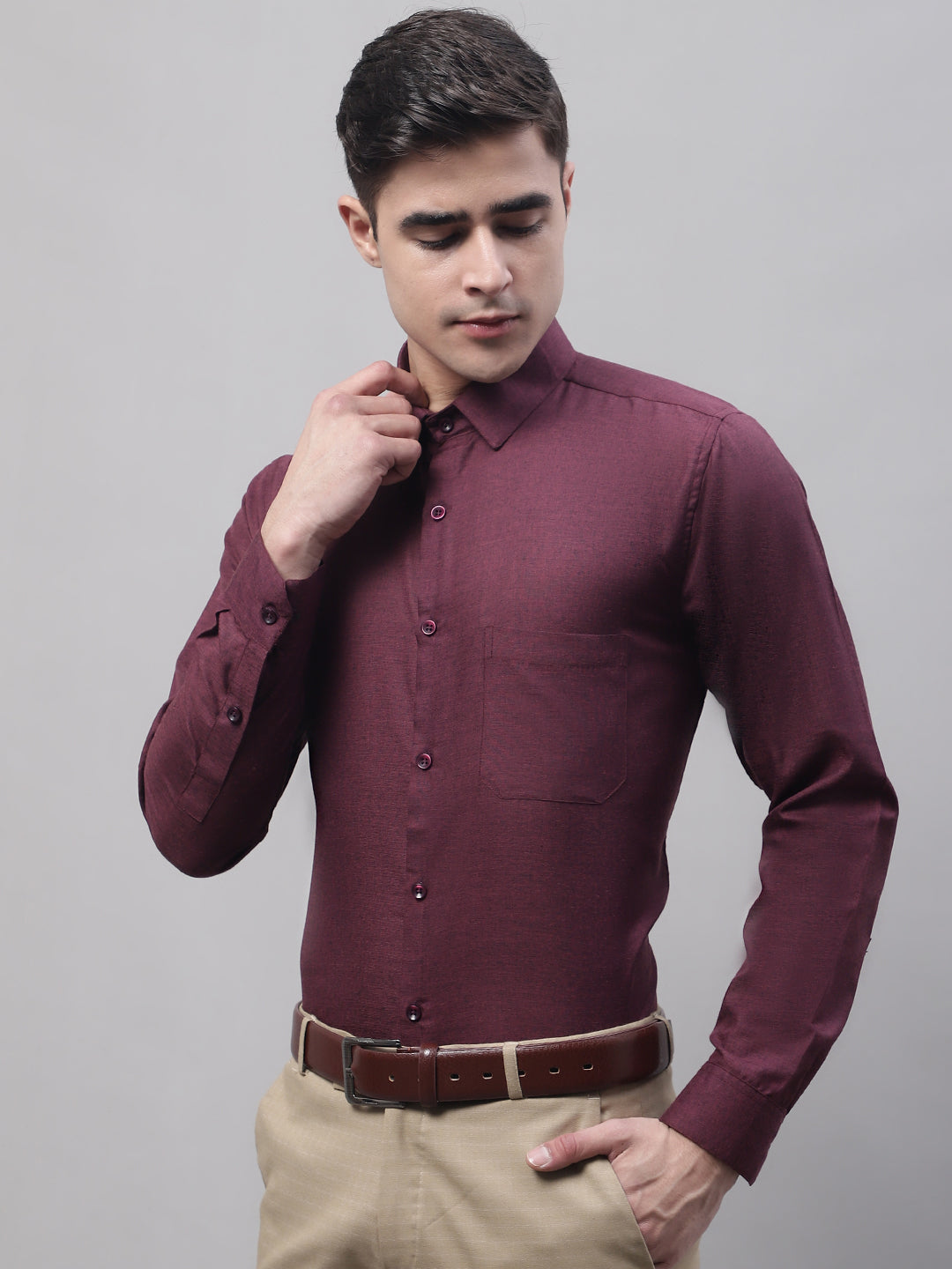 Jainish Men's Maroon Cotton Solid Formal Shirt | Grocsy