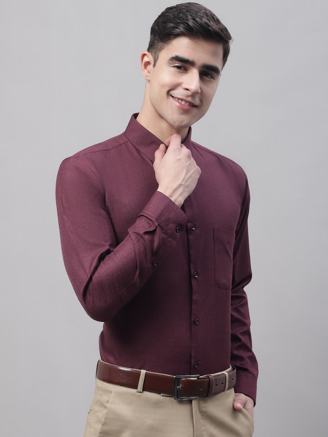 Jainish Men's Maroon Cotton Solid Formal Shirt | Grocsy