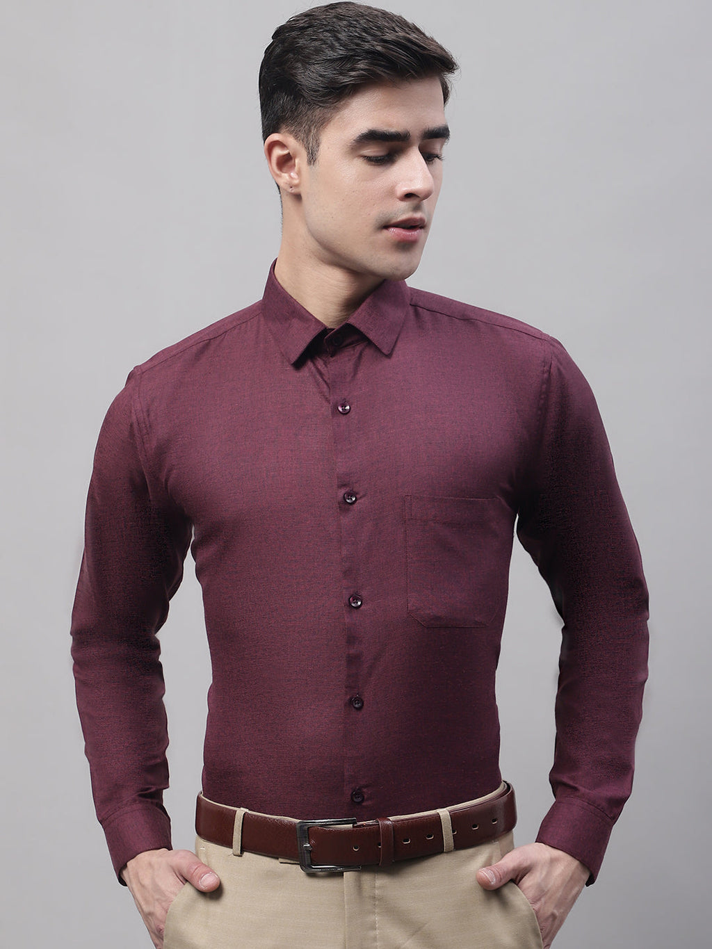 Jainish Men's Maroon Cotton Solid Formal Shirt | Grocsy