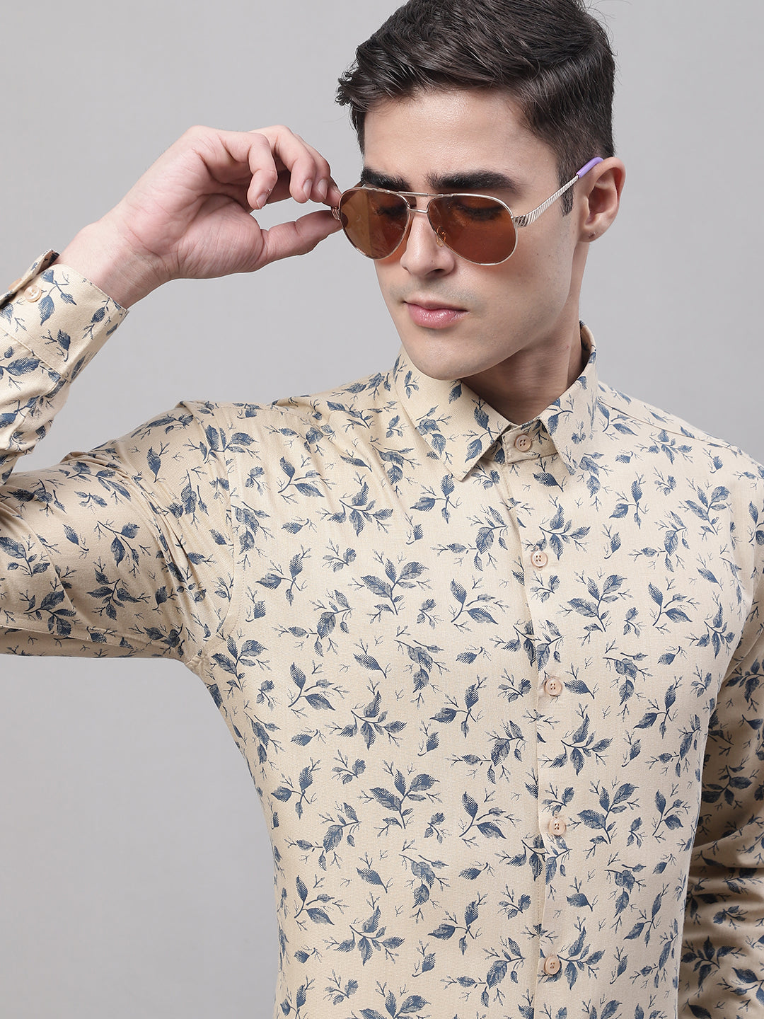 Jainish Men's Beige Regular Fit Printed Pure Cotton Formal Shirt | Grocsy