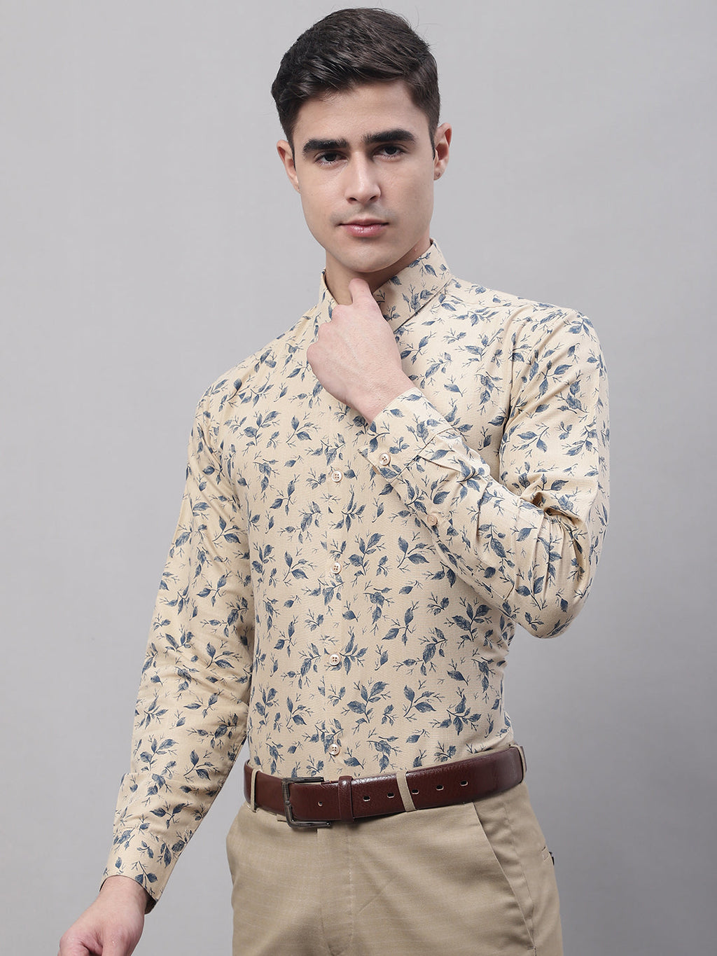 Jainish Men's Beige Regular Fit Printed Pure Cotton Formal Shirt | Grocsy