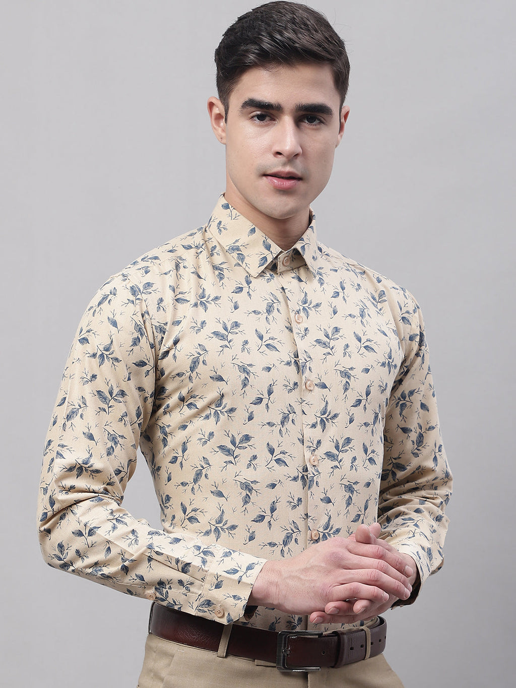 Jainish Men's Beige Regular Fit Printed Pure Cotton Formal Shirt | Grocsy