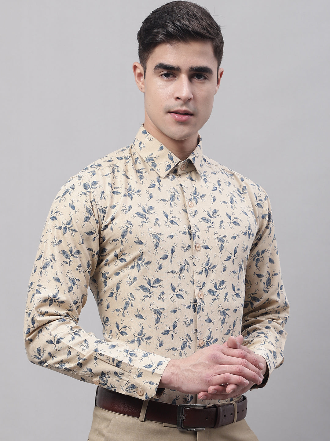 Jainish Men's Beige Regular Fit Printed Pure Cotton Formal Shirt | Grocsy