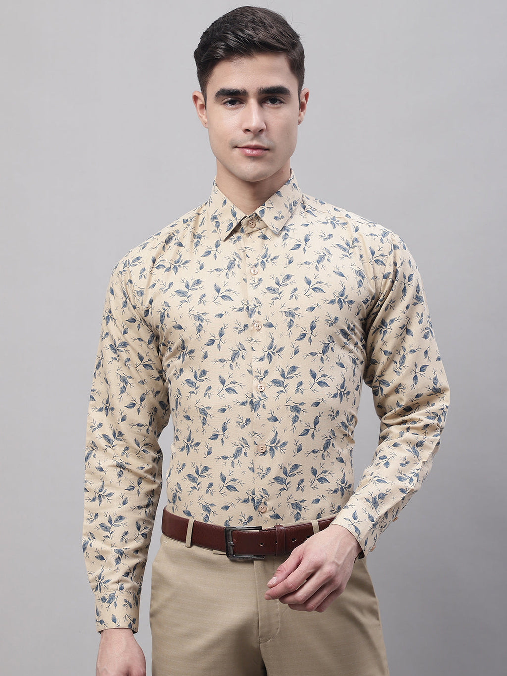 Jainish Men's Beige Regular Fit Printed Pure Cotton Formal Shirt | Grocsy
