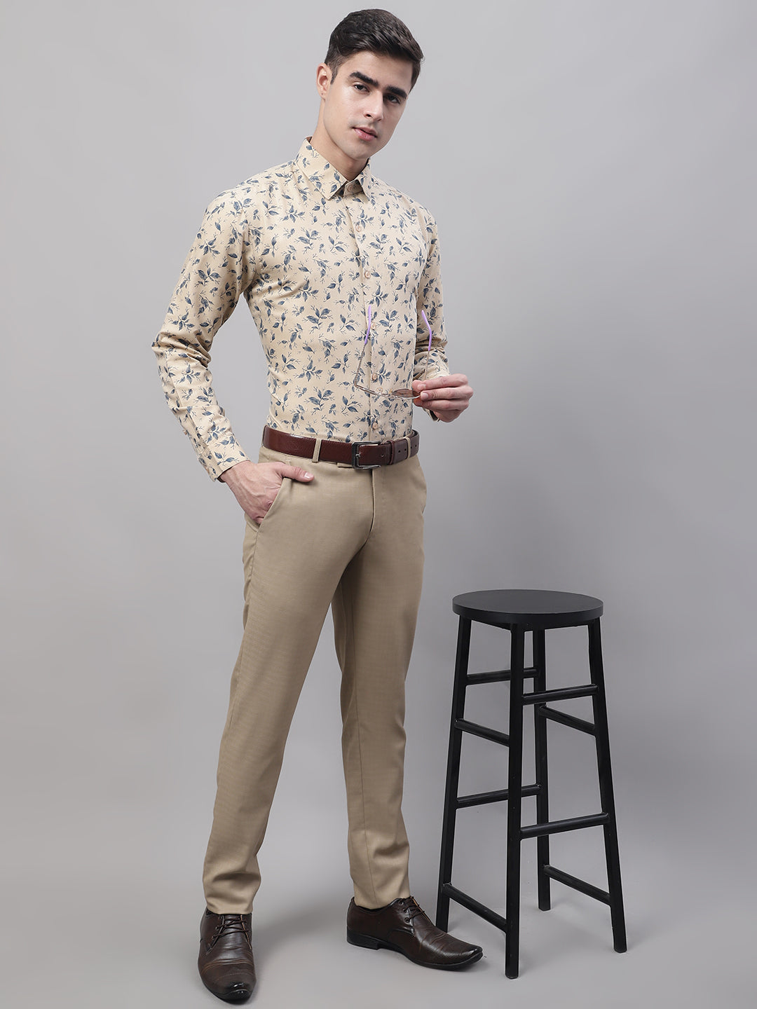 Jainish Men's Beige Regular Fit Printed Pure Cotton Formal Shirt | Grocsy