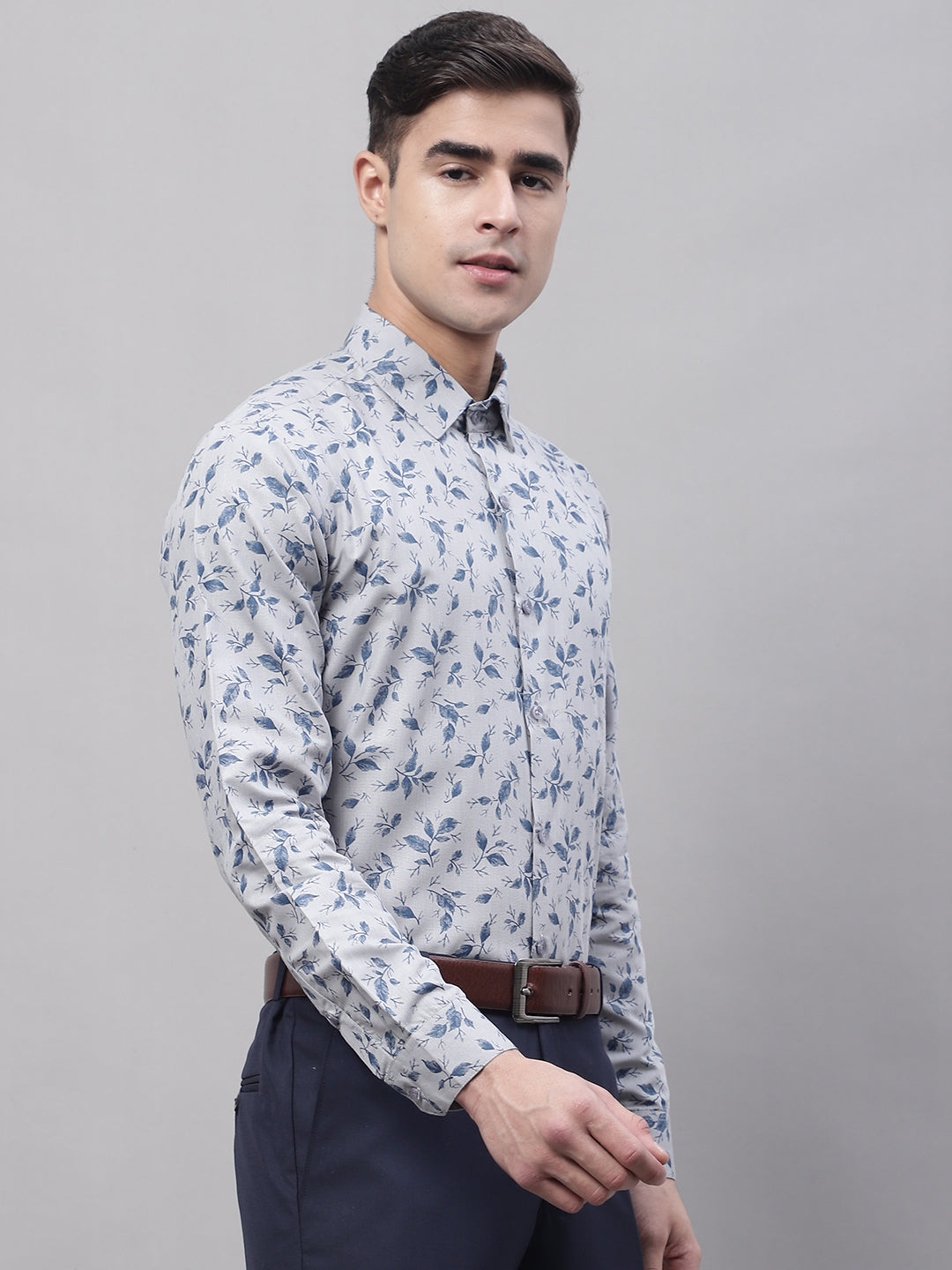 Jainish Men's Grey Regular Fit Printed Pure Cotton Formal Shirt | Grocsy