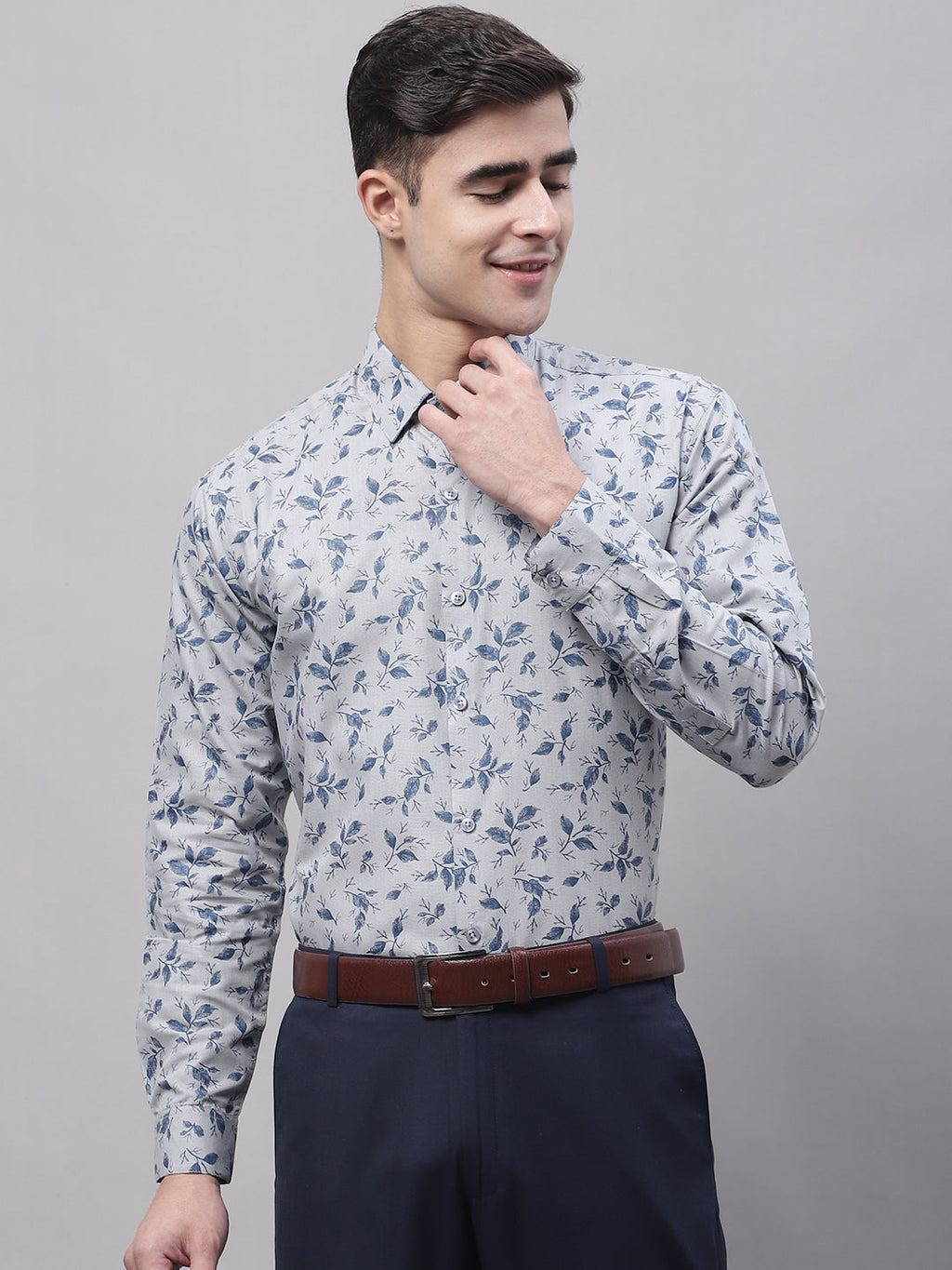 Jainish Men's Grey Regular Fit Printed Pure Cotton Formal Shirt | Grocsy