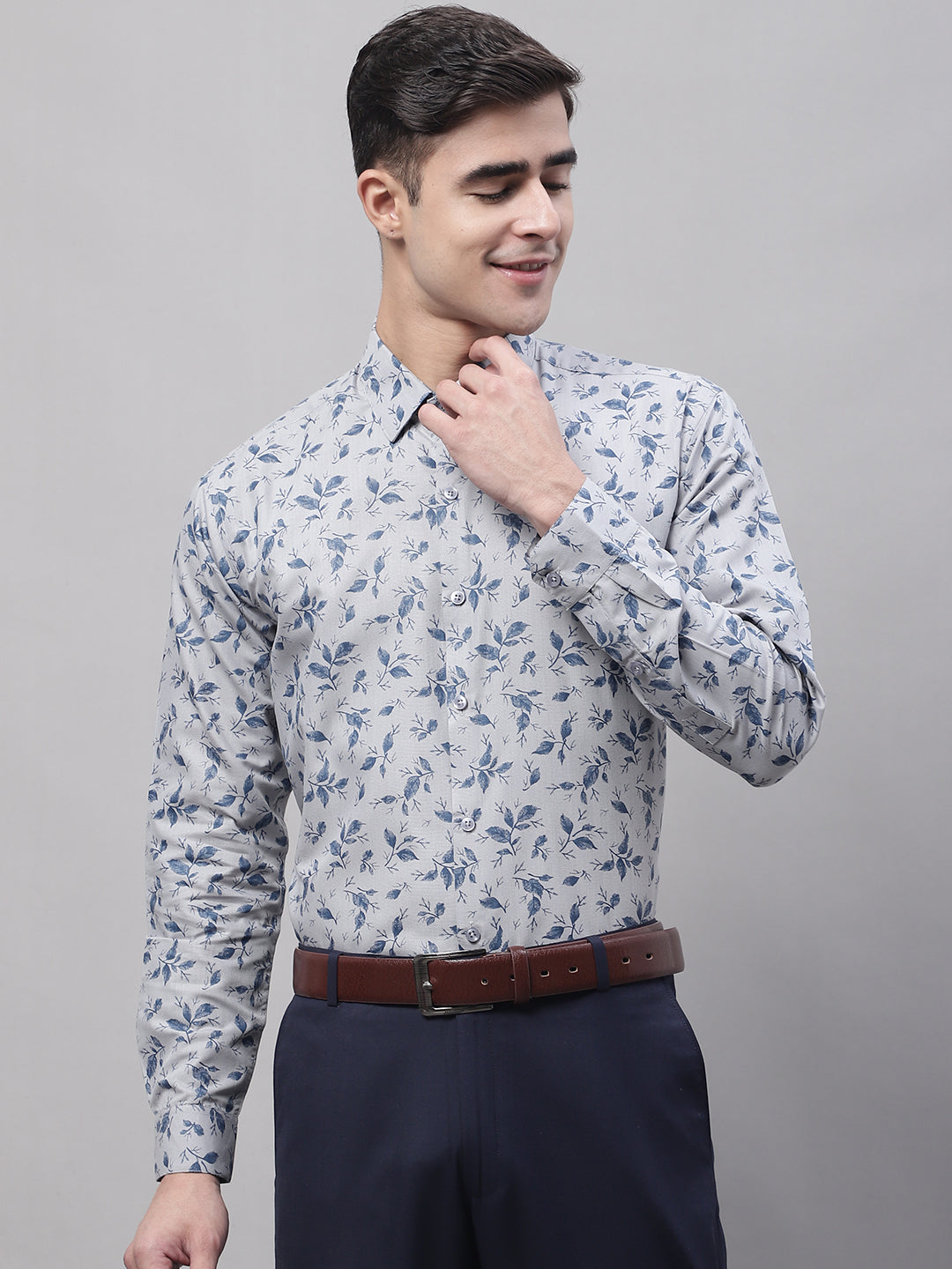 Jainish Men's Grey Regular Fit Printed Pure Cotton Formal Shirt | Grocsy
