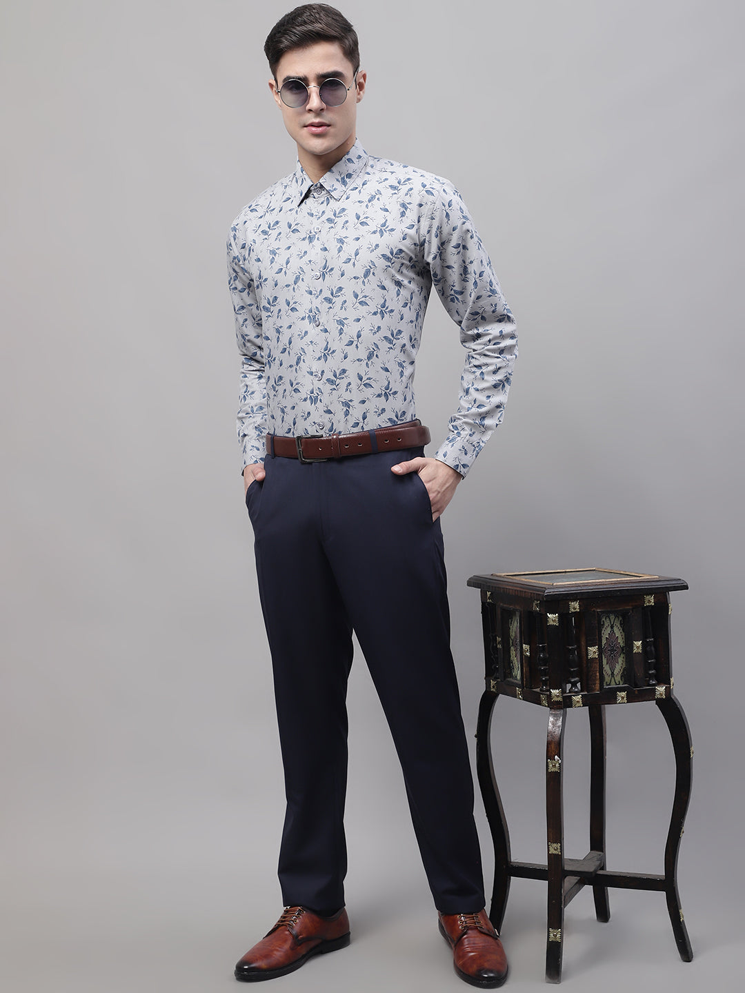 Jainish Men's Grey Regular Fit Printed Pure Cotton Formal Shirt | Grocsy