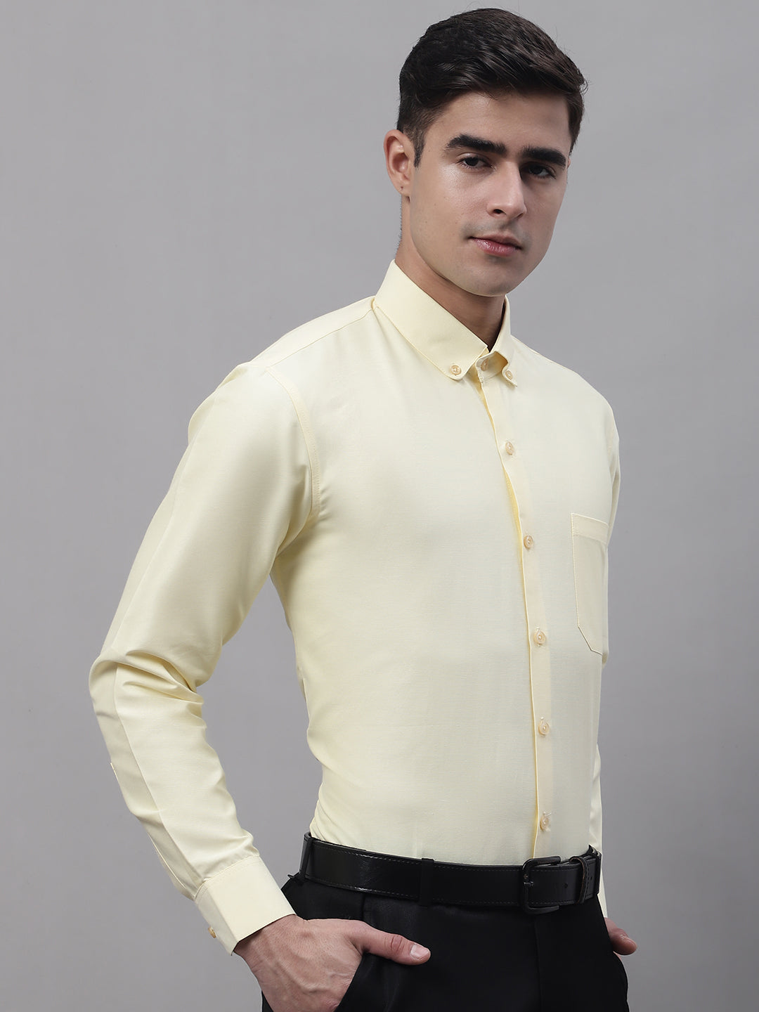 Jainish Men's Lemon Cotton Solid Formal Shirt | Grocsy