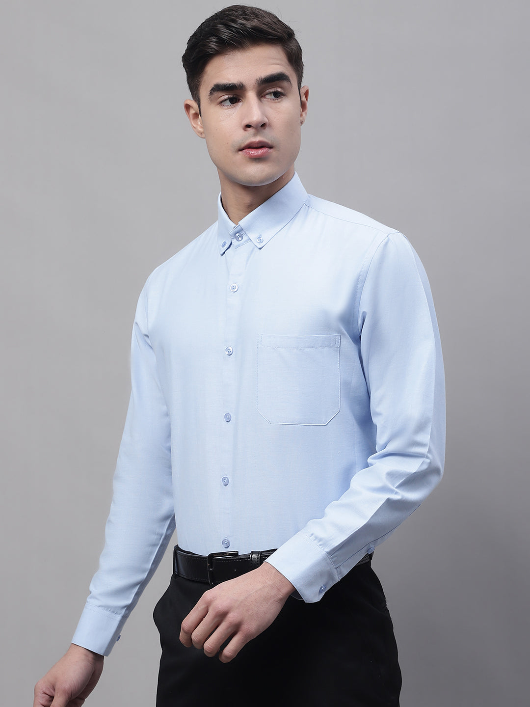 Jainish Men's Sky Blue Cotton Solid Formal Shirt | Grocsy