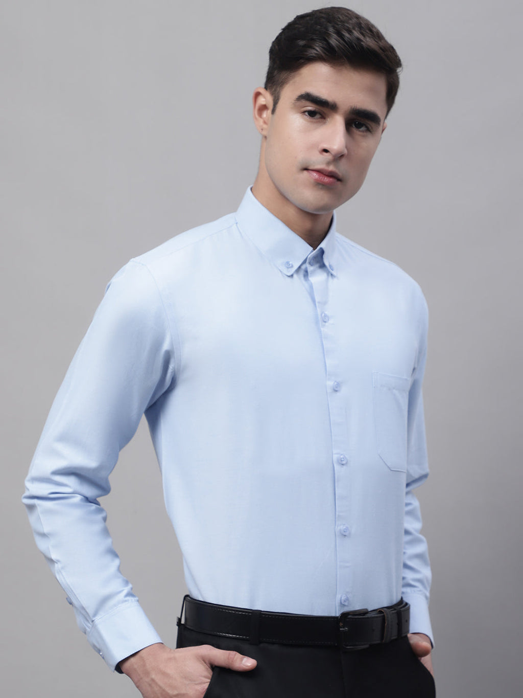 Jainish Men's Sky Blue Cotton Solid Formal Shirt | Grocsy
