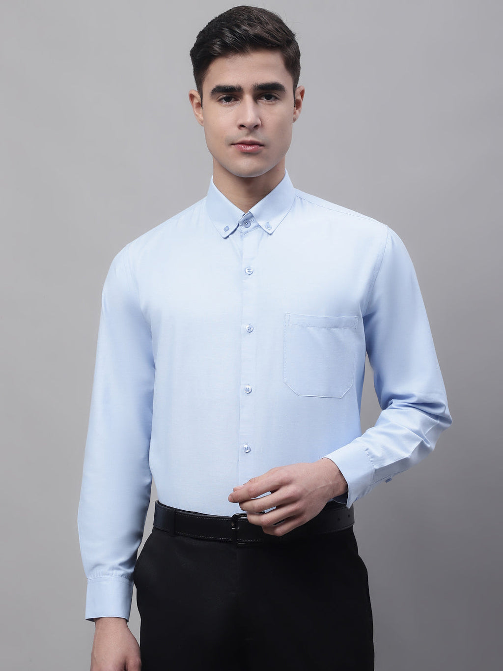 Jainish Men's Sky Blue Cotton Solid Formal Shirt | Grocsy
