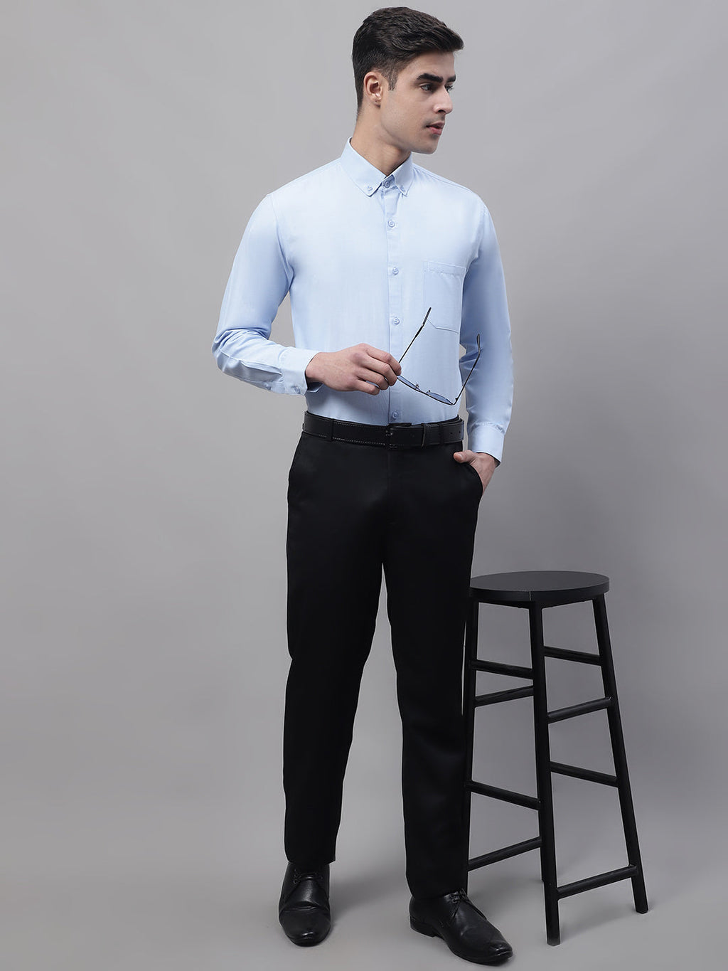 Jainish Men's Sky Blue Cotton Solid Formal Shirt | Grocsy