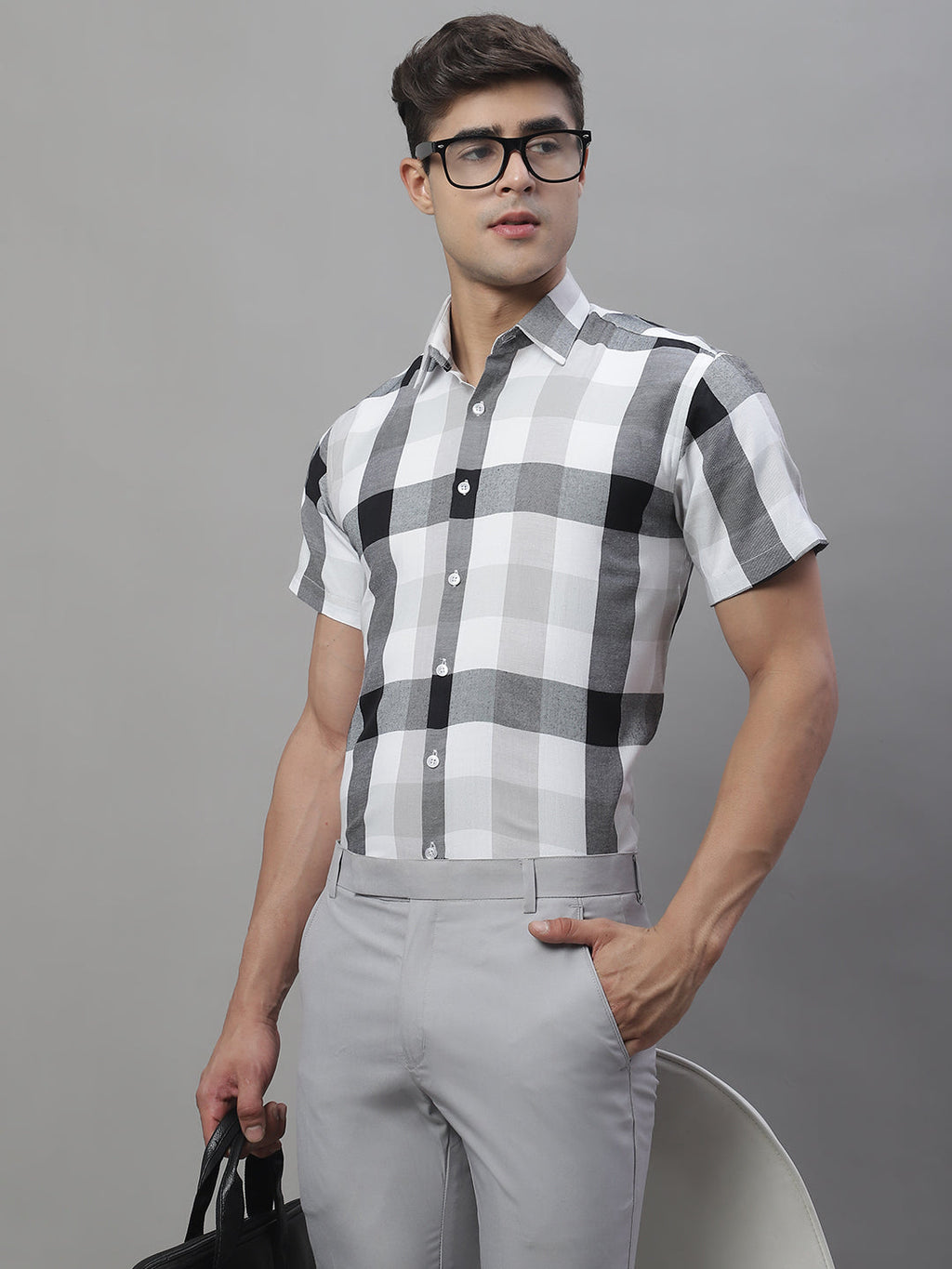 Jainish Men's Pure Cotton Checked Formal Shirts - Black | Grocsy