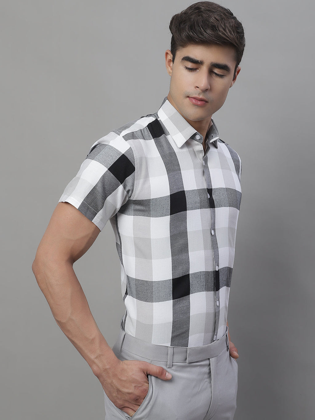 Jainish Men's Pure Cotton Checked Formal Shirts - Black | Grocsy