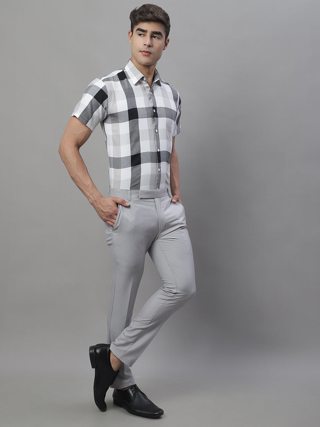Jainish Men's Pure Cotton Checked Formal Shirts - Black | Grocsy