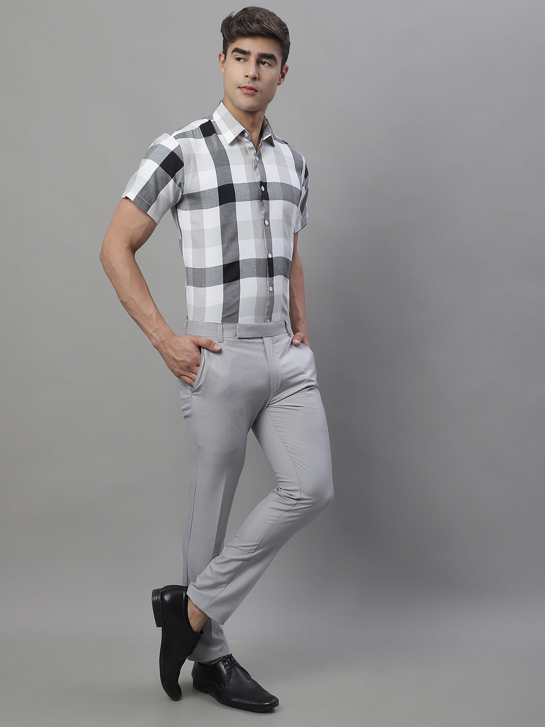 Jainish Men's Pure Cotton Checked Formal Shirts - Black | Grocsy