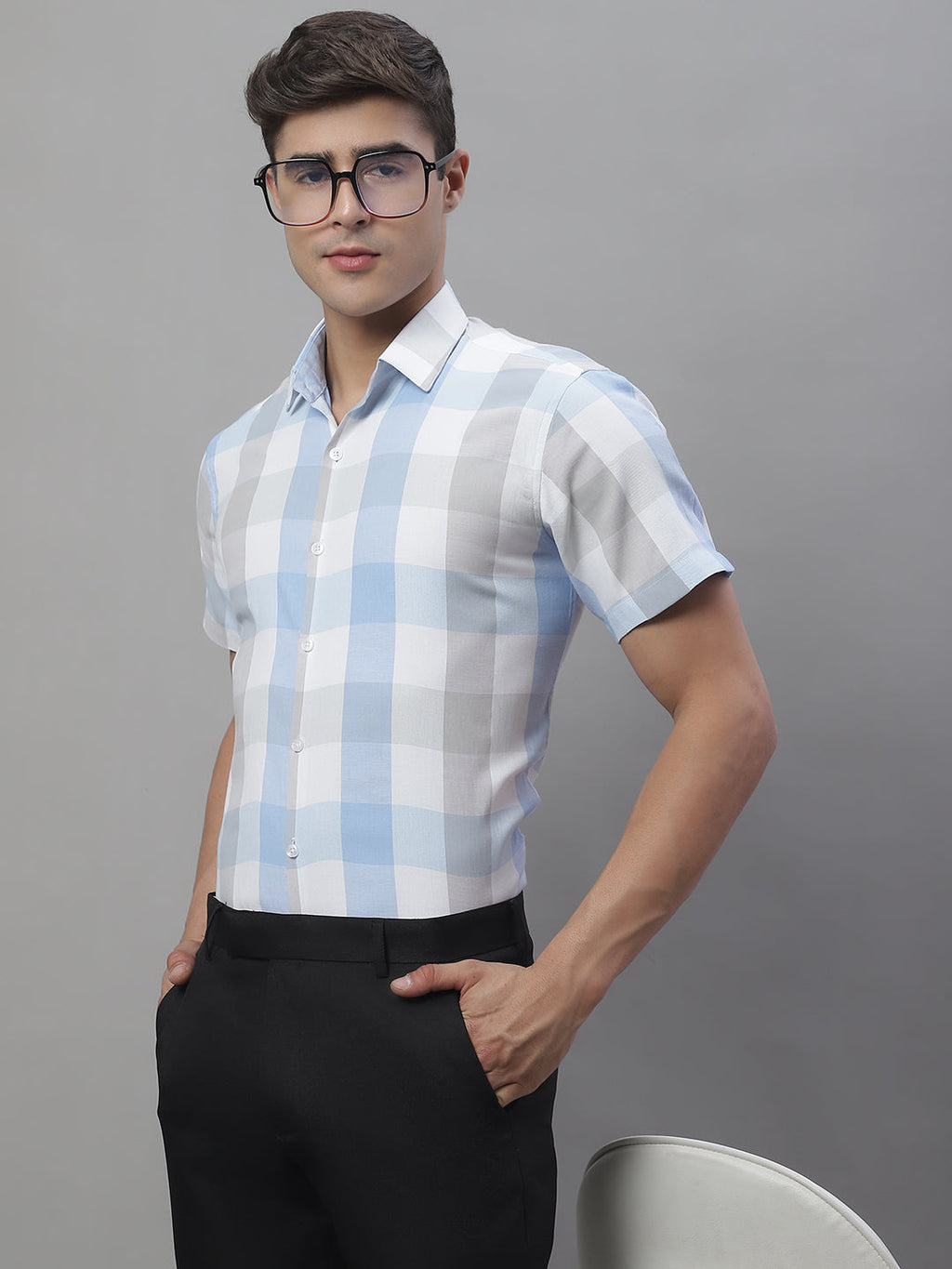 Jainish Men's Pure Cotton Checked Formal Shirts - Blue | Grocsy