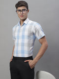 Jainish Men's Pure Cotton Checked Formal Shirts - Blue | Grocsy