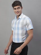 Jainish Men's Pure Cotton Checked Formal Shirts - Blue | Grocsy