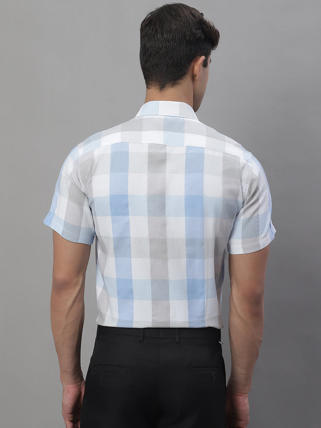 Jainish Men's Pure Cotton Checked Formal Shirts - Blue | Grocsy