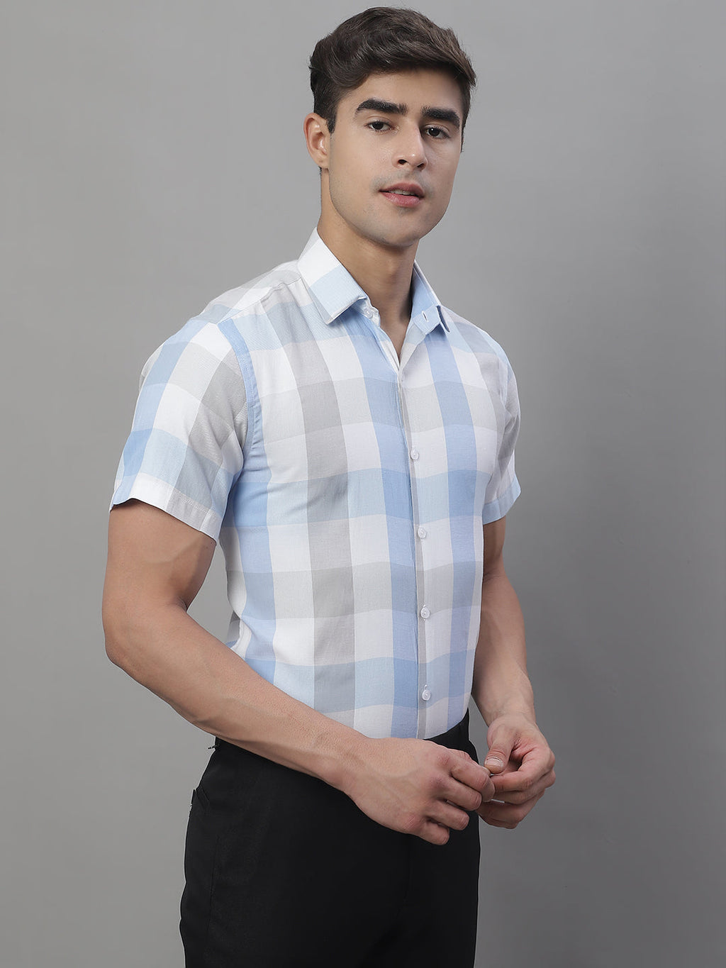 Jainish Men's Pure Cotton Checked Formal Shirts - Blue | Grocsy