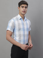 Jainish Men's Pure Cotton Checked Formal Shirts - Blue | Grocsy