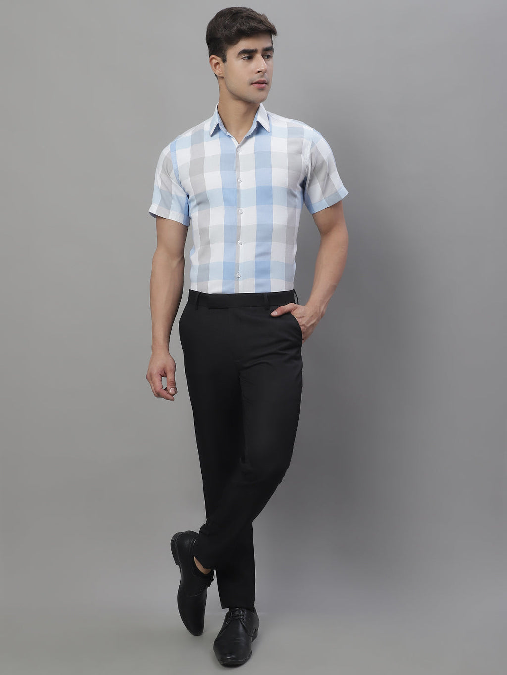Jainish Men's Pure Cotton Checked Formal Shirts - Blue | Grocsy
