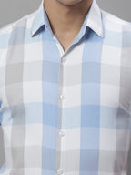 Jainish Men's Pure Cotton Checked Formal Shirts - Blue | Grocsy