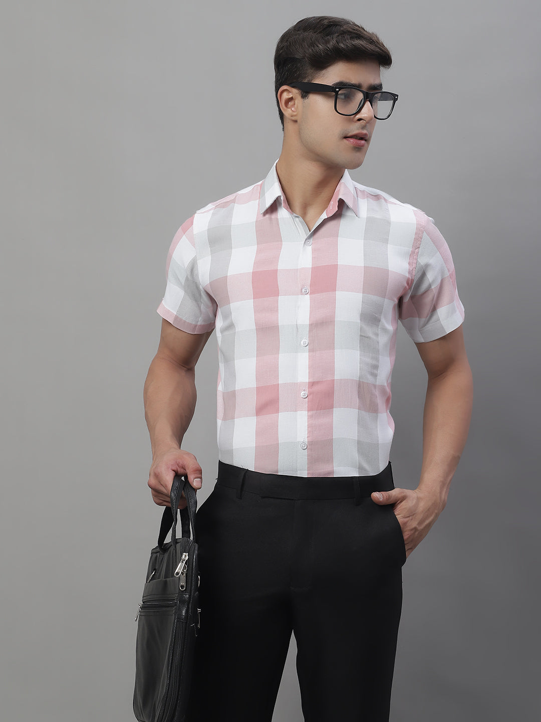 Jainish Men's Pure Cotton Checked Formal Shirts - Pink | Grocsy