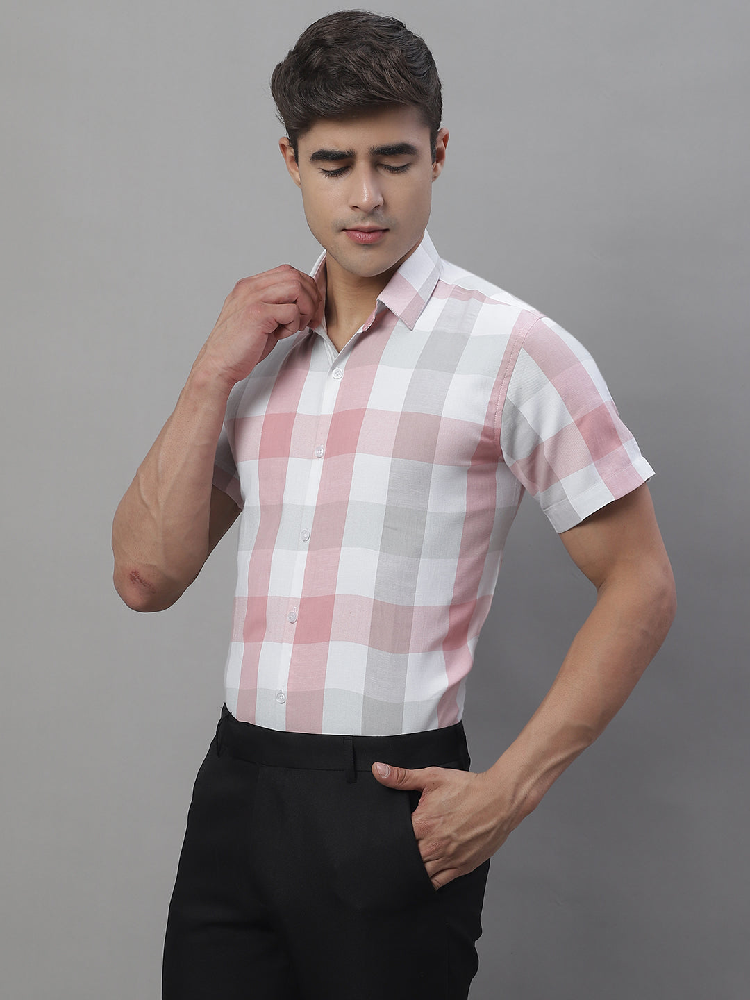 Jainish Men's Pure Cotton Checked Formal Shirts - Pink | Grocsy