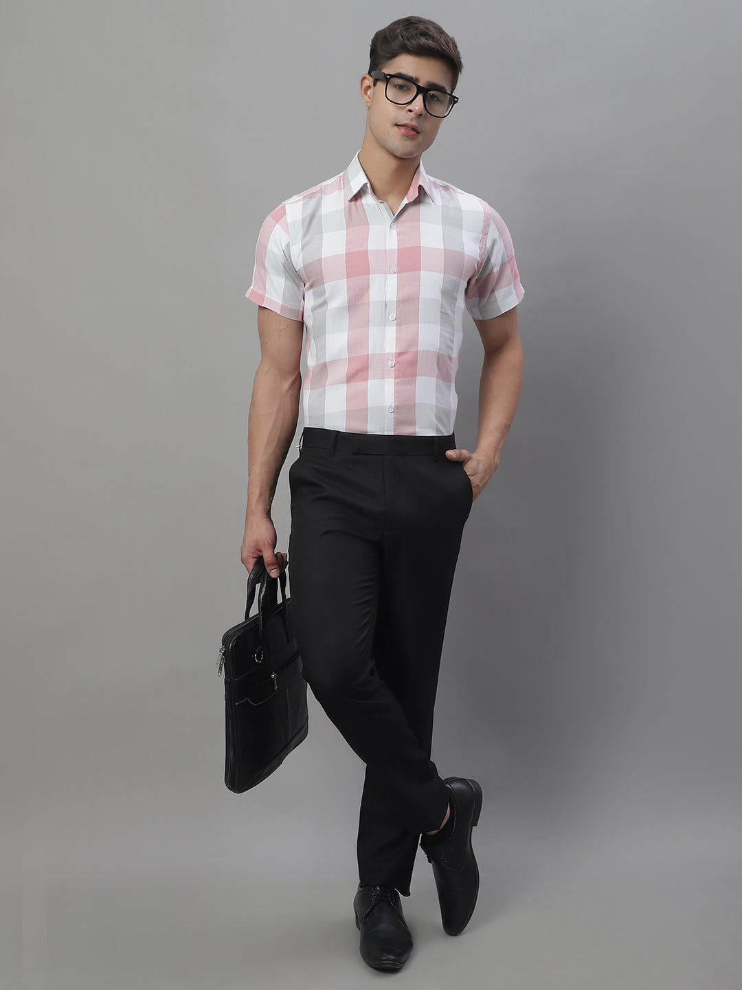 Jainish Men's Pure Cotton Checked Formal Shirts - Pink | Grocsy