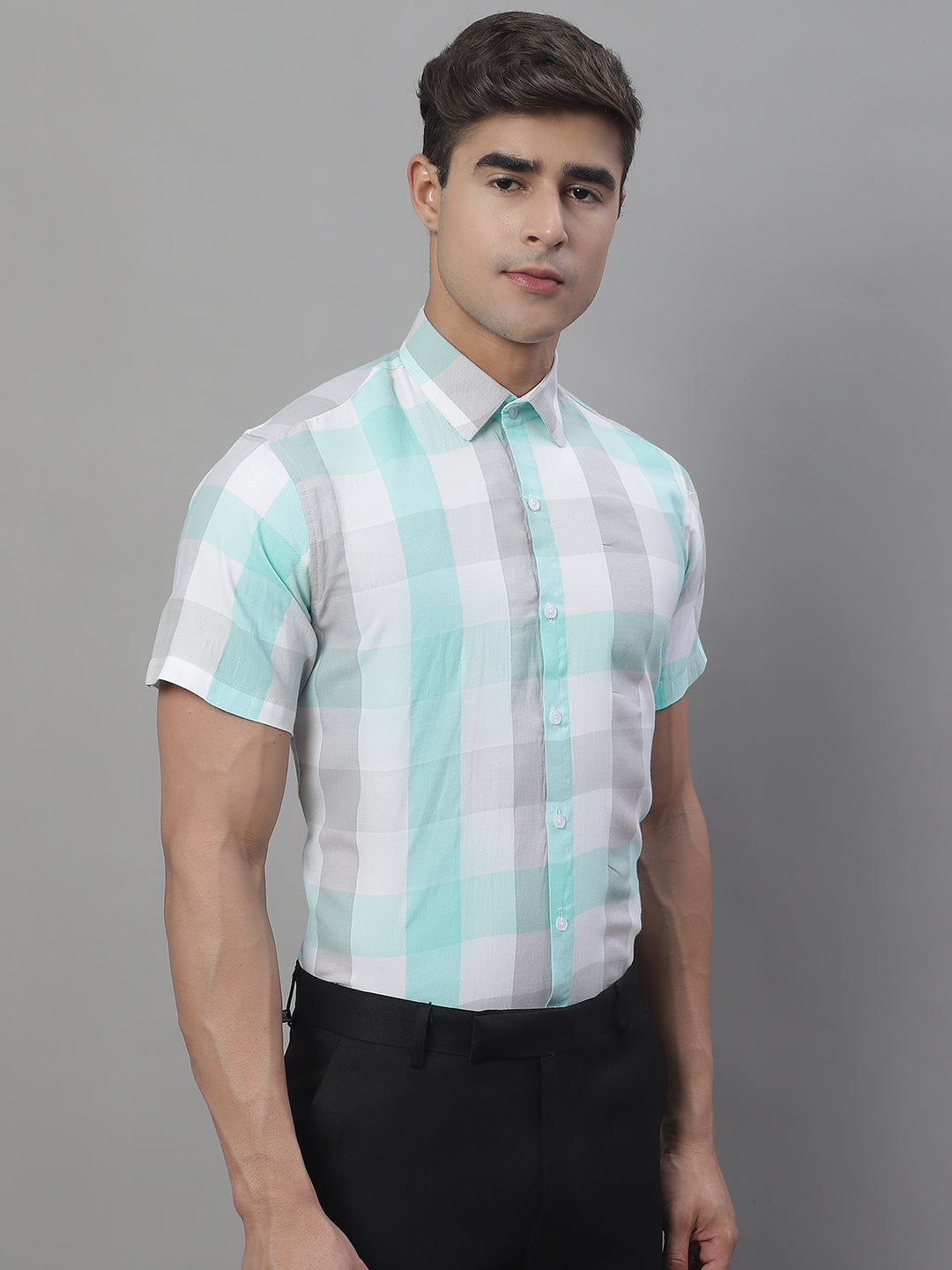Jainish Men's Pure Cotton Checked Formal Shirts - Sky Blue | Grocsy